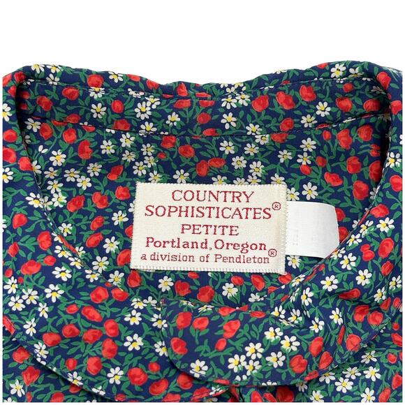 VTG Pendleton Country Sophisticates Floral Tie Blouse Daisy Rose Navy Petite M - Picture 5 of 10